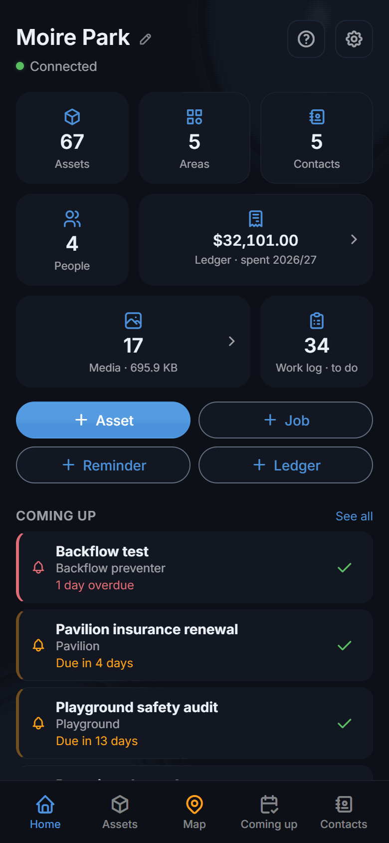 The home screen on a phone: assets, areas, contacts, the ledger, and what is coming up
